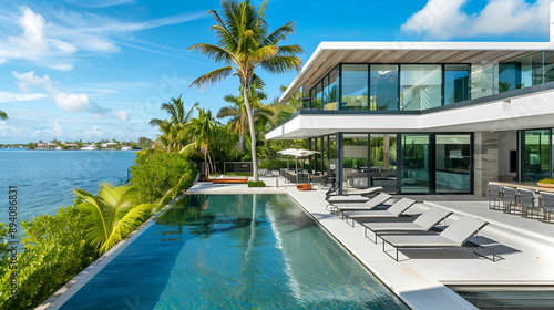 Sleek seaside retreat with modern architecture, rooftop infinity pool, and unobstructed water views