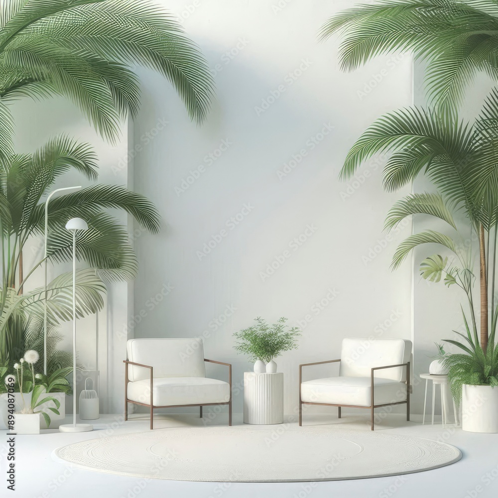 Fototapeta premium The white baground is set against a backdrop of lush palm leaves generative with ai