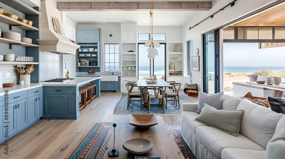 Spacious coastal living room in a beach house with panoramic ocean views, adjacent dining area, and kitchen with blue cabinetry and open shelving Spacious coastal living room in a beach house with panoramic ocean views, adjacent dining area, and kitchen with blue cabinetry and open shelving