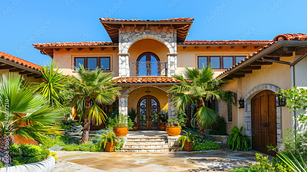 Fototapeta premium Stunning Mediterranean villa exterior on sunny day with terracotta roof, arched entryway, and wrought iron balcony