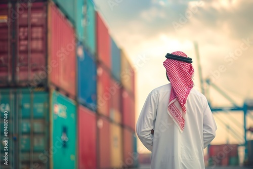 Saudi Gulf Arab man wearing a traditional white thobe and red shemagh, back view, standing in front of shipping containers shipping goods overseas background.