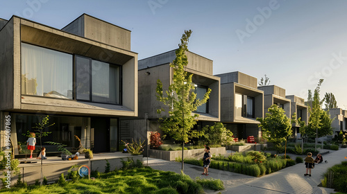 townhouse with a concrete front  a quiet residential street  and children playing in the front yard