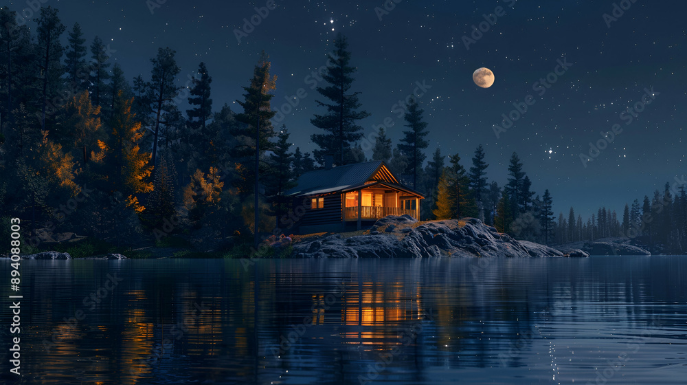 Tranquil moonlit night at a serene lakeside cabin, stars reflecting in the calm water, surrounded by pine trees Tranquil moonlit night at a serene lakeside cabin, stars reflecting in the calm water, surrounded by pine trees