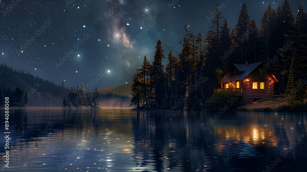 Tranquil moonlit night at a serene lakeside cabin, stars reflecting in the calm water, surrounded by pine trees Tranquil moonlit night at a serene lakeside cabin, stars reflecting in the calm water, surrounded by pine trees