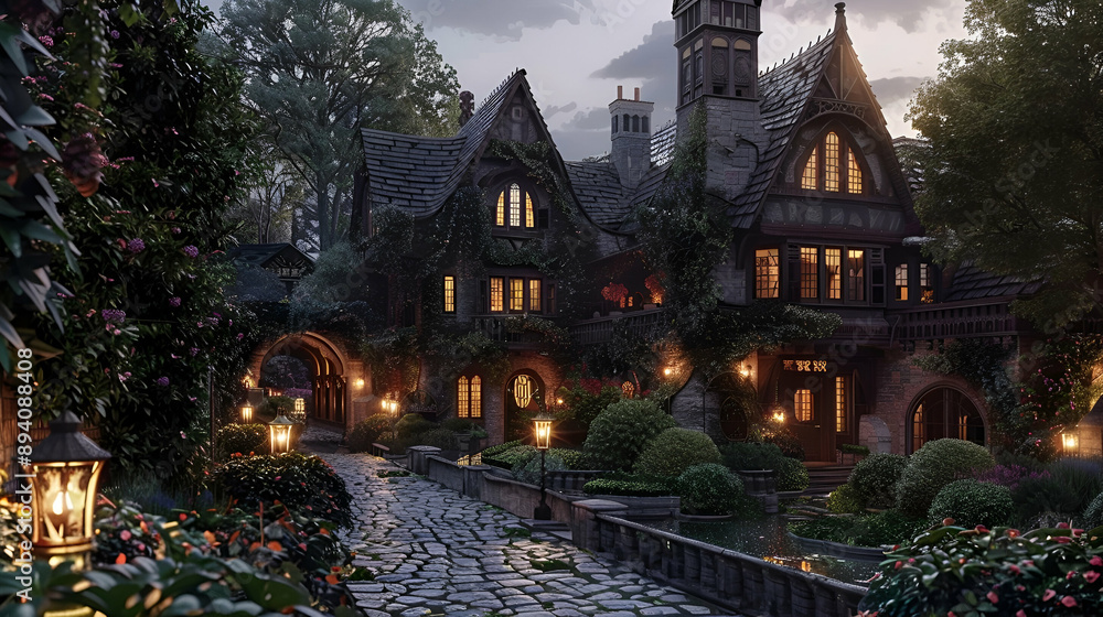 Tudor-style manor with lantern-lit cobblestone walkways, ivy-covered walls, and a quaint English garden Tudor-style manor with lantern-lit cobblestone walkways, ivy-covered walls, and a quaint English garden