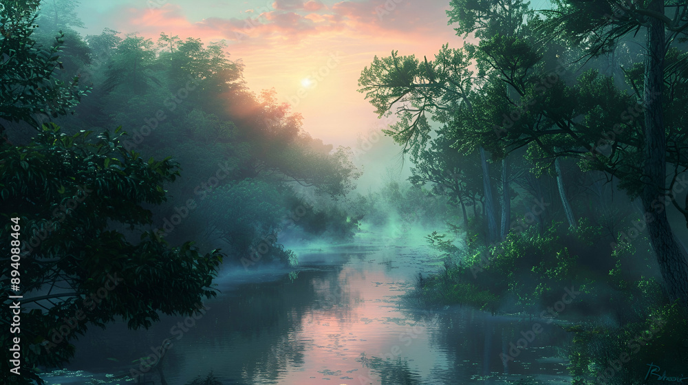 Twilight over a misty forest, pastel hues blending with the dense greenery, a serene river winding through the trees Twilight over a misty forest, pastel hues blending with the dense greenery, a serene river winding through the trees