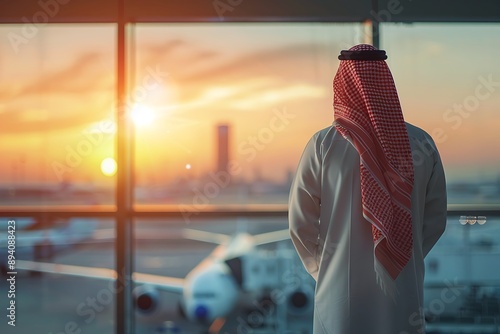 Saudi Gulf Arab man wearing a traditional white thobe and red shemagh, standing on airport blurred glass window background. photo