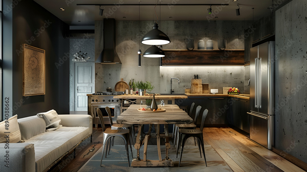 Urban apartment with a galley kitchen, rustic dining table with mismatched chairs, and a bold charcoal gray feature wall, blending modern and eclectic styles Urban apartment with a galley kitchen, rustic dining table with mismatched chairs, and a bold charcoal gray feature wall, blending modern and eclectic styles