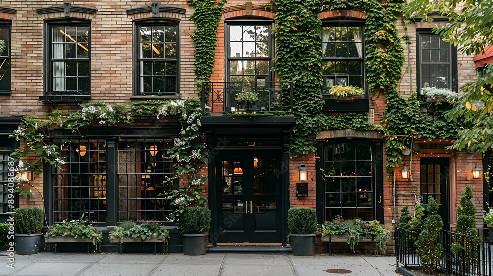 Urban boutique hotel with a historic brick exterior, ivy-covered walls, and charming city street Urban boutique hotel with a historic brick exterior, ivy-covered walls, and charming city street