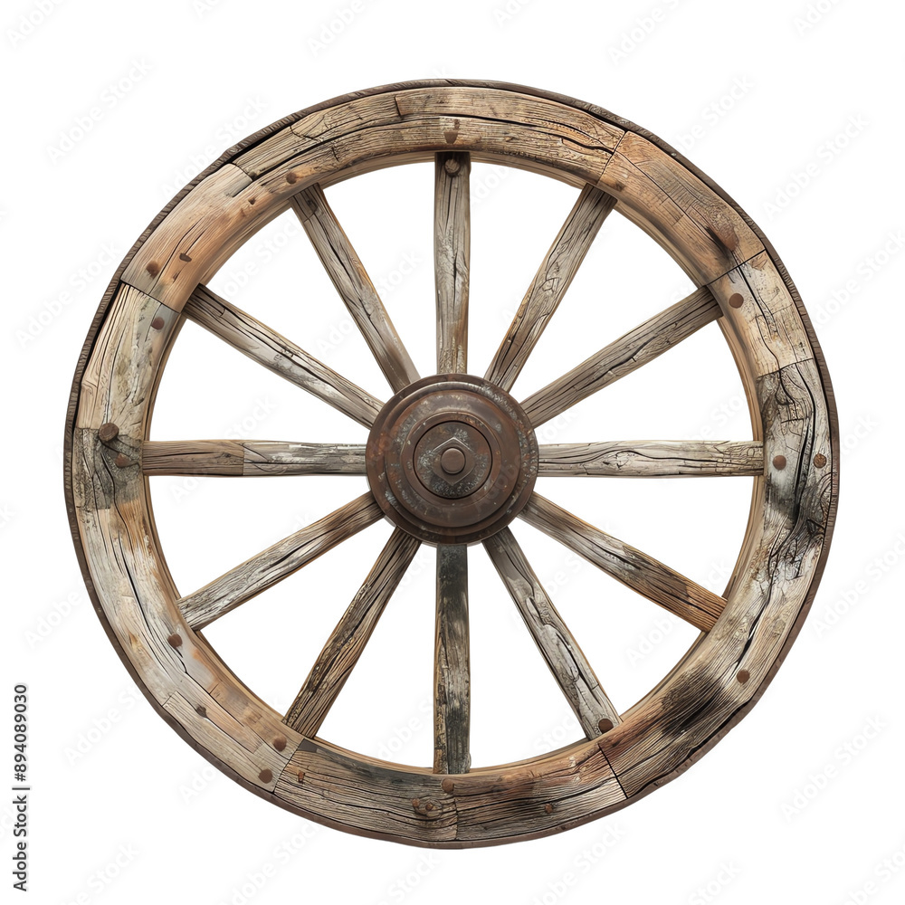Rustic wooden wagon wheel with weathered texture, isolated. This vintage piece evokes a sense of history and traditional craftsmanship. Rustic wooden wagon wheel with weathered texture, isolated. This vintage piece evokes a sense of history and traditional craftsmanship.