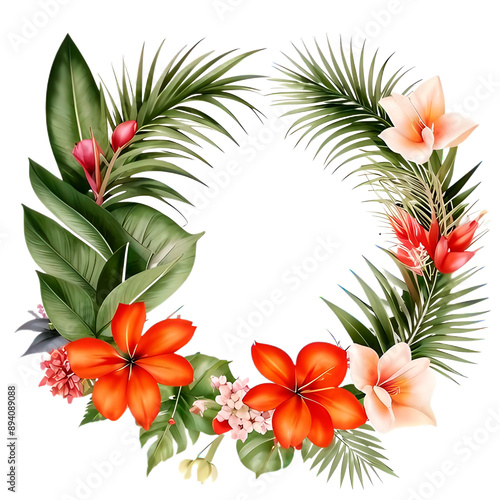 Circle of tropical flowers and leaves on a transparent background