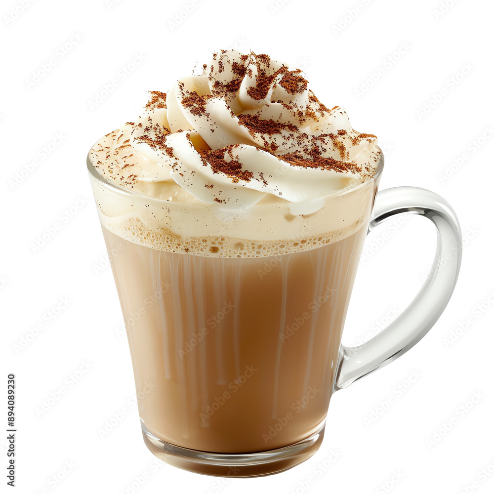 Glass mug filled with creamy coffee topped with whipped cream and chocolate shavings. Perfect for a cozy coffee break. Glass mug filled with creamy coffee topped with whipped cream and chocolate shavings. Perfect for a cozy coffee break.