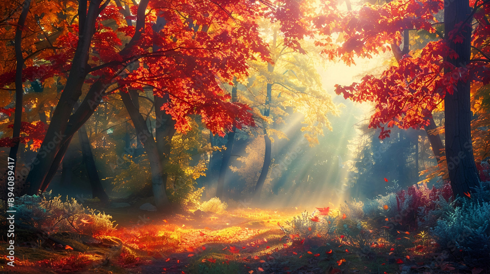 Vibrant autumn sunlight shining through colorful maple trees, the leaves ablaze with reds and oranges Vibrant autumn sunlight shining through colorful maple trees, the leaves ablaze with reds and oranges