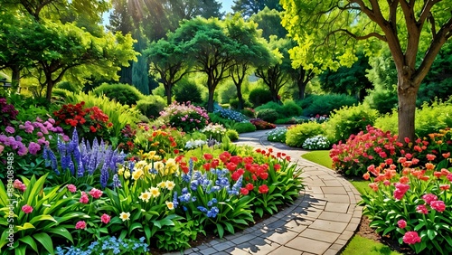 A beautiful garden filled with colorful blooming flowers  surrounded by lush greenery and trees