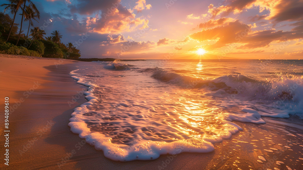 Vibrant sunrise over a sandy beach with palm trees, waves gently lapping at the shore, creating a tropical paradise Vibrant sunrise over a sandy beach with palm trees, waves gently lapping at the shore, creating a tropical paradise