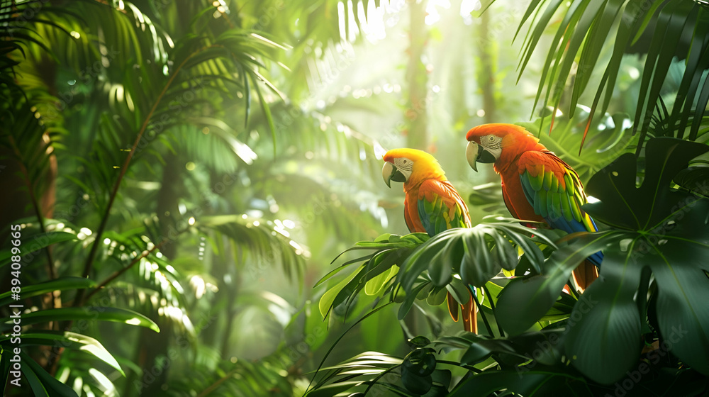 Obraz na plátně Vibrant Tropical Jungle Background with Exotic Plant and Bird Collage, featuring