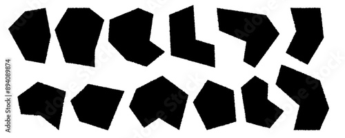 Black silhouette irregular angular shapes isolated on white background. Set of rough torn paper different geometric shapes with ragged edges.