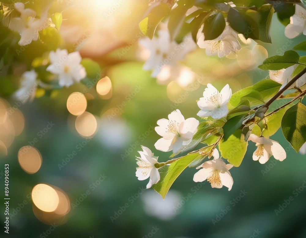 A branch of white flowers is in the sunlight A branch of white flowers is in the sunlight