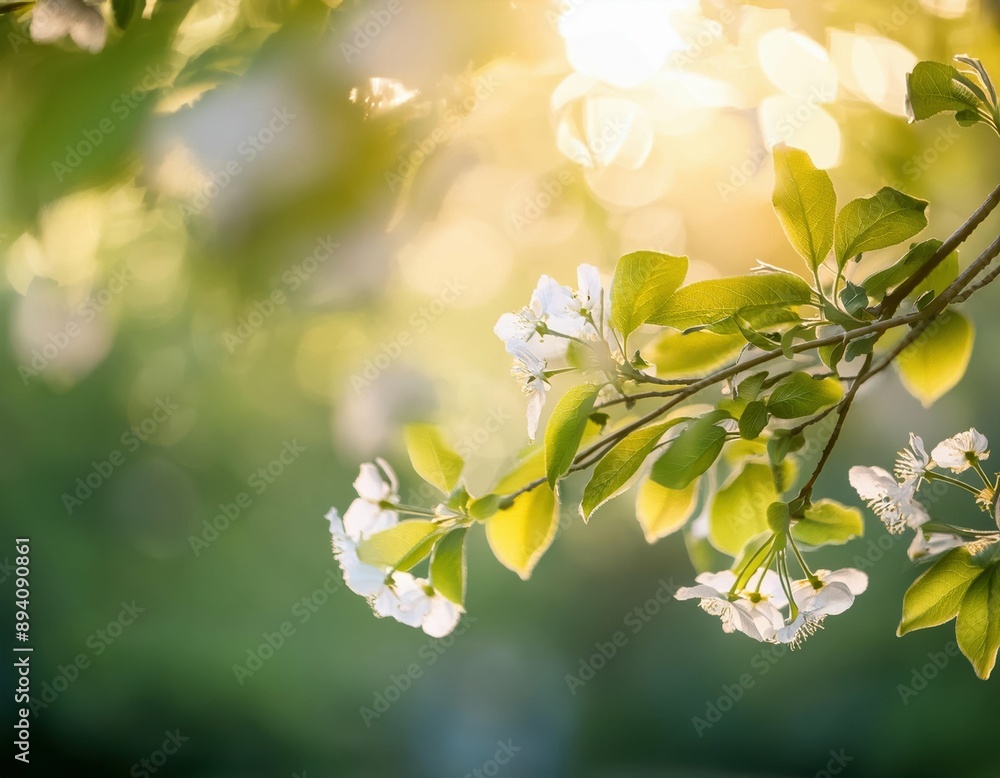 A branch of white flowers is in the sunlight A branch of white flowers is in the sunlight