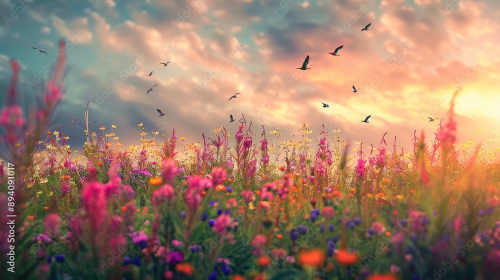 Beautiful flower field with birds flying overhead in springtime Beautiful flower field with birds flying overhead in springtime