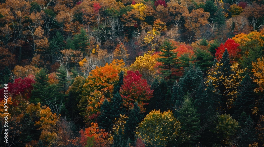 Beautiful forest landscape with a mix of evergreen and colorful deciduous trees Beautiful forest landscape with a mix of evergreen and colorful deciduous trees