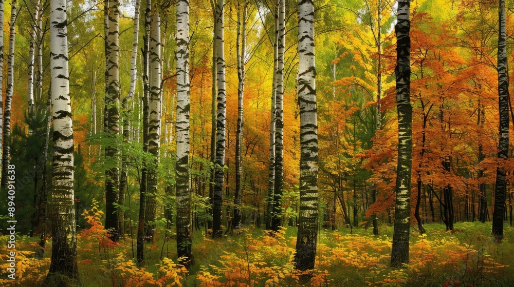 Lush forest with trees adorned in bright green and golden foliage Lush forest with trees adorned in bright green and golden foliage