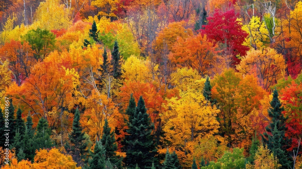 Majestic forest with trees displaying a stunning array of fall colors Majestic forest with trees displaying a stunning array of fall colors