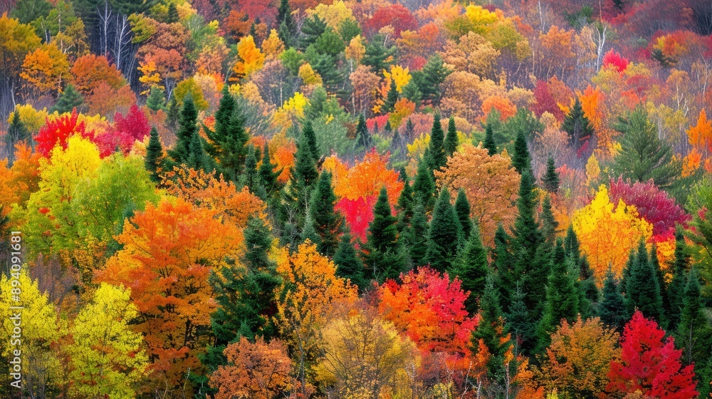 Majestic forest with trees displaying a stunning array of fall colors Majestic forest with trees displaying a stunning array of fall colors