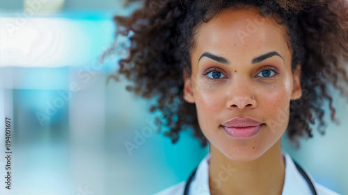 Close-up portrait of a confident female doctor with curly hair in a modern hospital setting. 