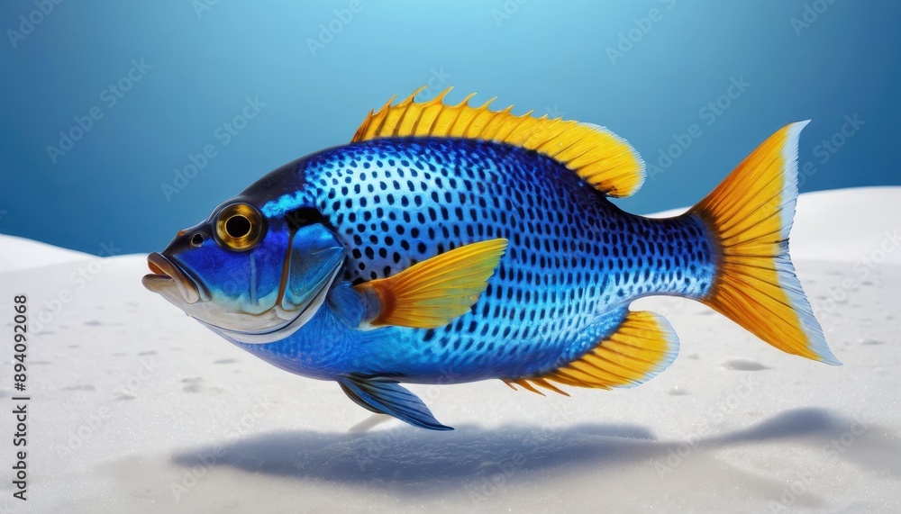 Naklejka premium Blue and Yellow Fish on White Sand