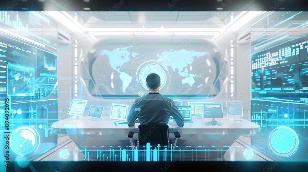 Business Analyst with Reports and Charts in High Tech Office Concept Business Analyst with Reports and Charts in High Tech Office Concept