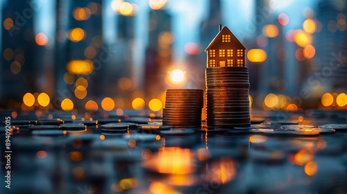 business house investment ideas concept with coin money stack with house paper model double exposure with night cityscape and fiter effect. photo