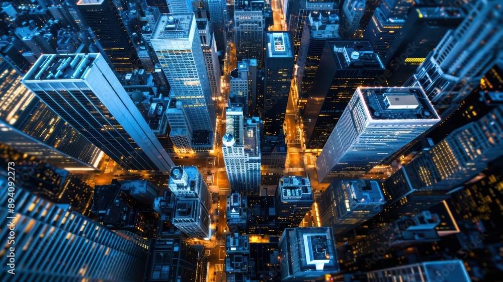 Fototapeta premium Aerial View of Modern Cityscape with Illuminated Skyscrapers at Night