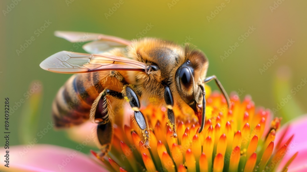 Close-Up of a Honeybee Collecting Nectar from a Vibrant Flower in a Sunlit Garden Close-Up of a Honeybee Collecting Nectar from a Vibrant Flower in a Sunlit Garden