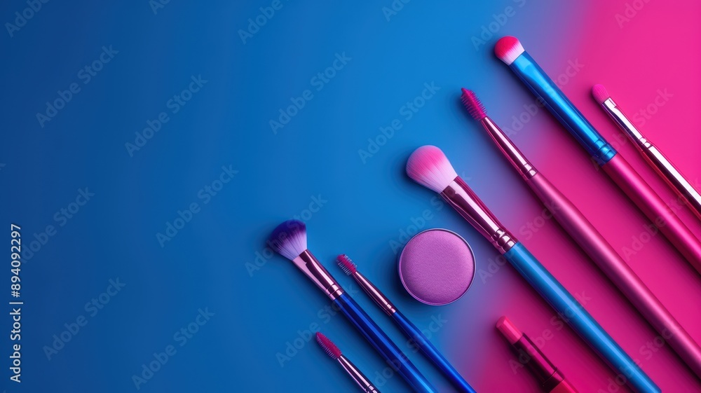 Colorful Makeup Brushes and Cosmetics on Vibrant Gradient Background Colorful Makeup Brushes and Cosmetics on Vibrant Gradient Background