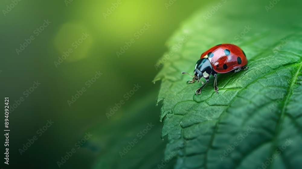 Naklejka premium Close-up of a Vibrant Red Ladybug on a Green Leaf in a Natural Outdoor Setting