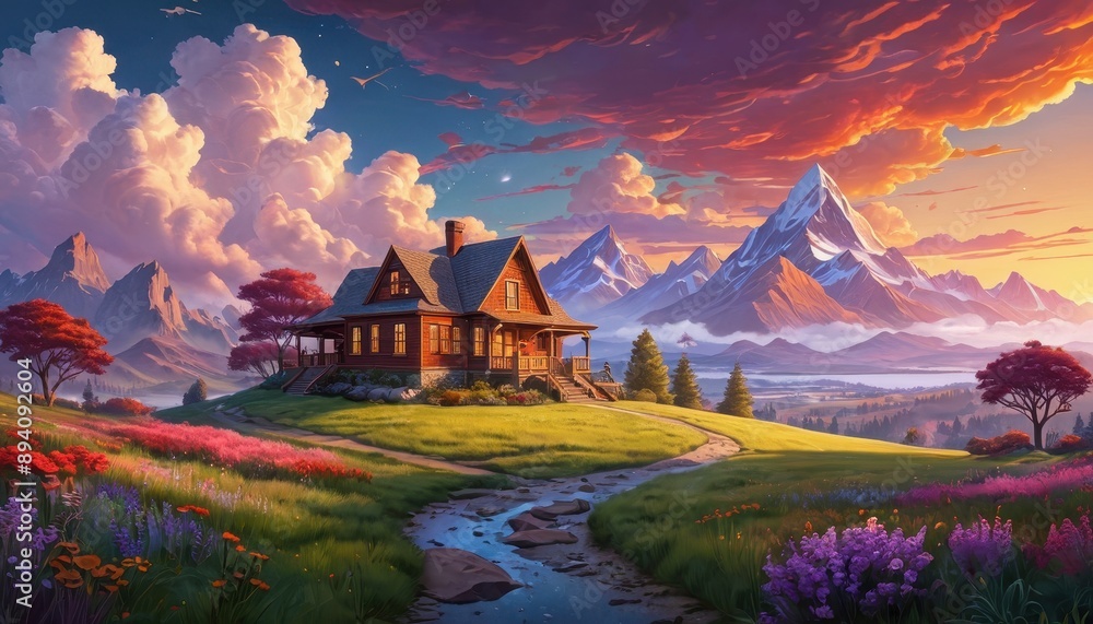 Naklejka premium Mountain Cabin Sunset.