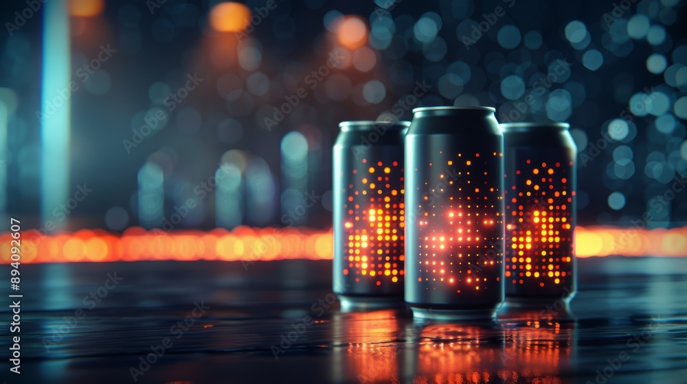 Illuminated Beverage Cans in Dark Setting Illuminated Beverage Cans in Dark Setting