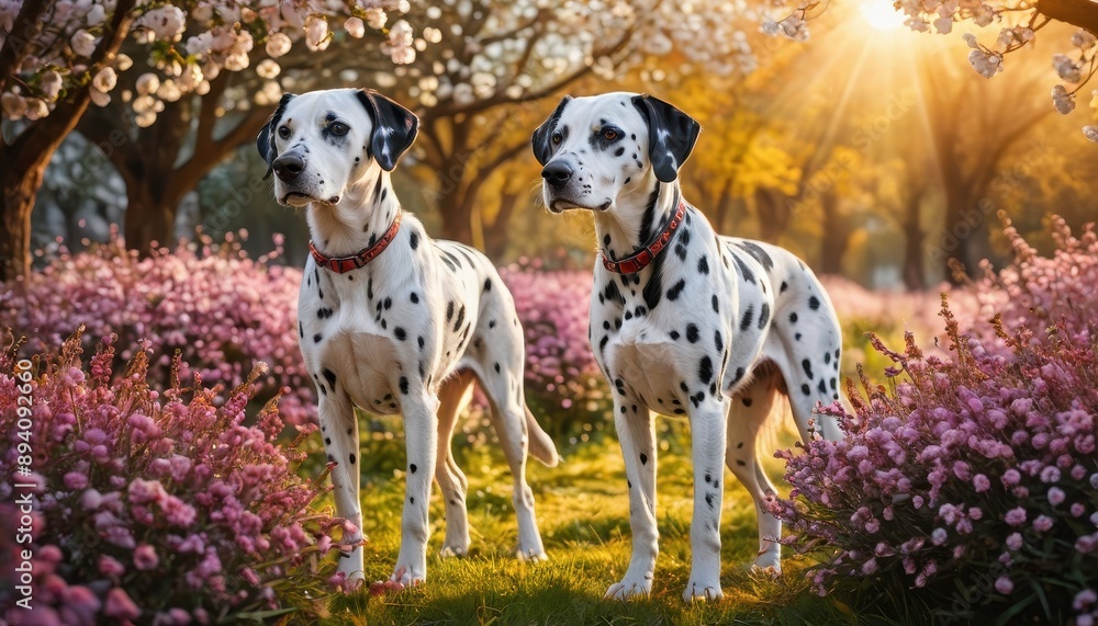 Two Dalmatian Dogs in a Field of Flowers. Two Dalmatian Dogs in a Field of Flowers.