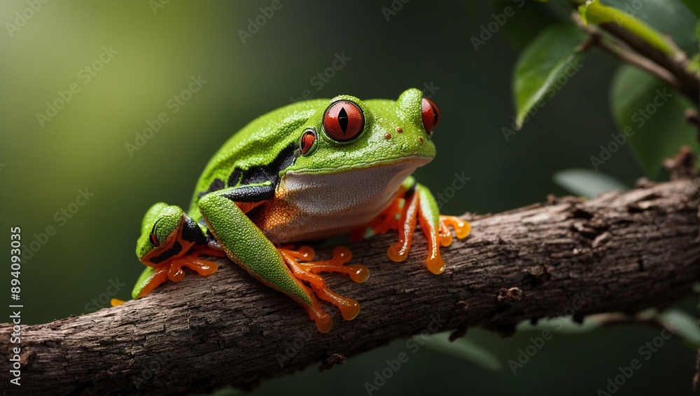Red-Eyed Tree Frog Serenity: A vibrant red-eyed tree frog perches serenely on a branch, its vivid colors popping against the lush green rainforest backdrop. Red-Eyed Tree Frog Serenity: A vibrant red-eyed tree frog perches serenely on a branch, its vivid colors popping against the lush green rainforest backdrop.