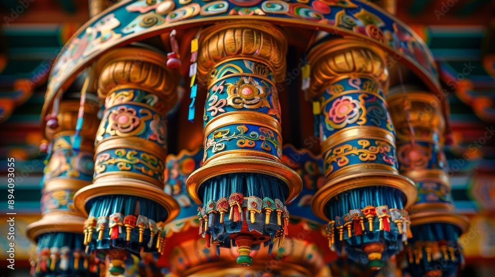 Close up of a prayer wheel, with intricate designs and colorful ribbons. Cartoon illustrations vectors Close up of a prayer wheel, with intricate designs and colorful ribbons. Cartoon illustrations vectors