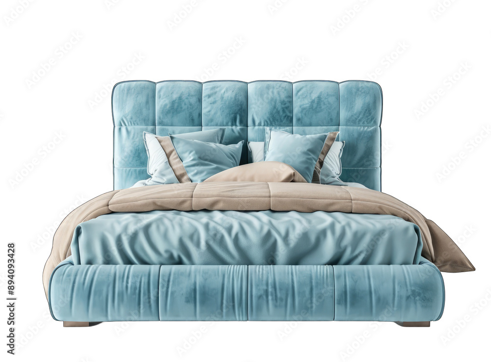Obraz premium Modern light blue bed with a soft headboard isolated on a white background, PNG transparent background