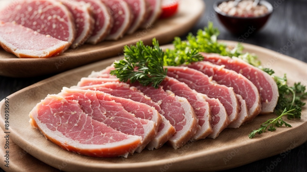 Sliced Pork Tenderloin: A plate of thinly sliced, juicy pork tenderloin garnished with fresh parsley, ready to be enjoyed. Perfect for a gourmet meal or a special occasion. Sliced Pork Tenderloin: A plate of thinly sliced, juicy pork tenderloin garnished with fresh parsley, ready to be enjoyed. Perfect for a gourmet meal or a special occasion.