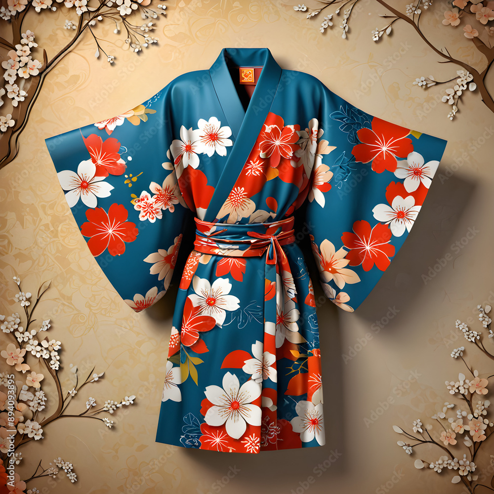 Naklejka premium japanese Blue yukata, red, white pattern, cherry blossoms flowers 3d background abstract