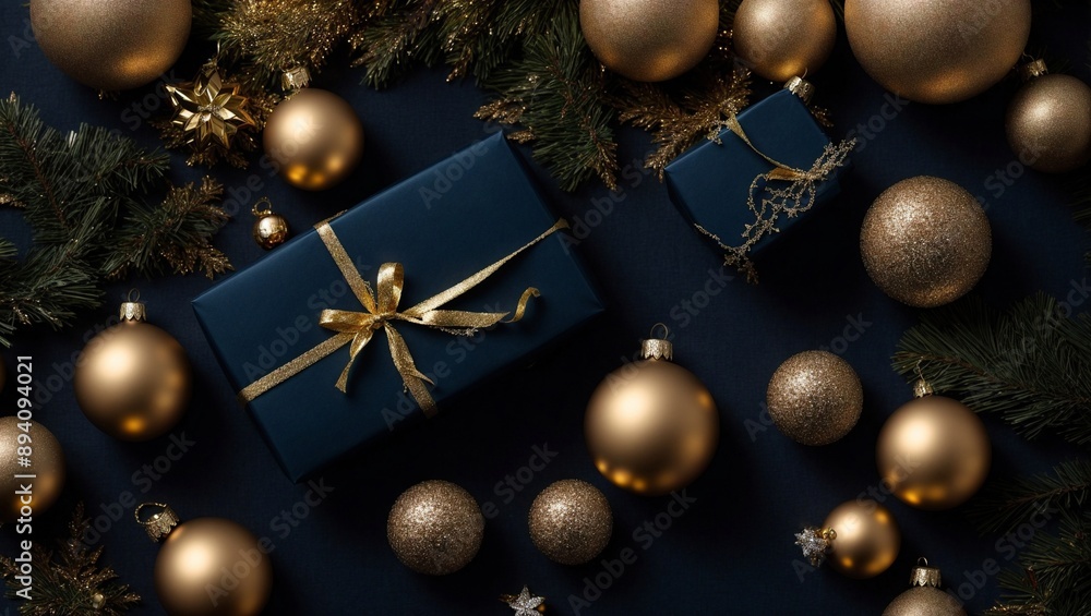 Navy Blue Christmas Flatlay with Gold Ornaments and Gifts Navy Blue Christmas Flatlay with Gold Ornaments and Gifts