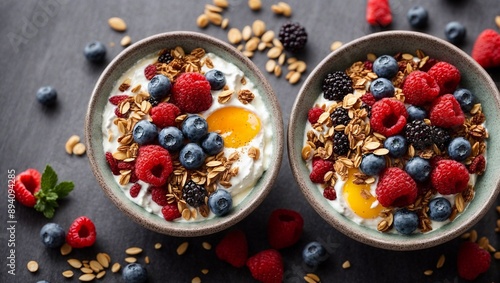 Yogurt Parfait with Berries and Granola: A delightful and healthy breakfast or snack. This image features two bowls of yogurt parfait, each topped with granola, raspberries, blueberries, and blackberr photo