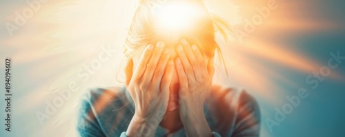 Woman suffering from a migraine, severe headache, light sensitivity photo