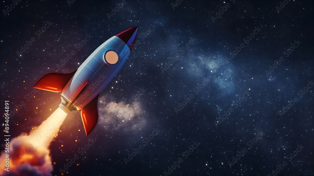 Stunning 3D Render of a Rocket Launch Against a Starry Sky, Showcasing Technological and Scientific Advancements in Space Exploration. Ideal for Technology and Science Banners Stunning 3D Render of a Rocket Launch Against a Starry Sky, Showcasing Technological and Scientific Advancements in Space Exploration. Ideal for Technology and Science Banners