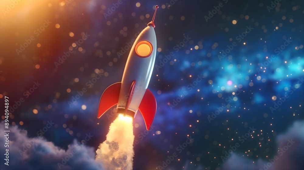 Stunning 3D Render of a Rocket Launch Against a Starry Sky, Showcasing Technological and Scientific Advancements in Space Exploration. Ideal for Technology and Science Banners Stunning 3D Render of a Rocket Launch Against a Starry Sky, Showcasing Technological and Scientific Advancements in Space Exploration. Ideal for Technology and Science Banners