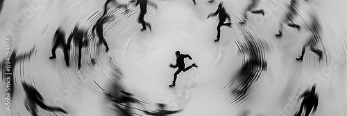 A black and white photograph of people running in circle